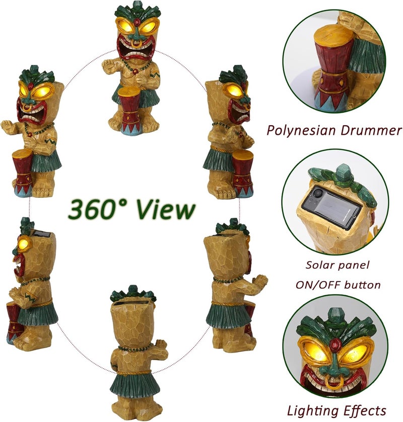 halp·ssfm Solar Tiki Garden Statue with LED Eyes Outdoor Polynesian Drummer Hawaiian Party Decor Solar Light Ornament for Patio Porch Lawn Tiki Bar or Tiki Lover Funny Stocking Stuffers Gifts - Image 3